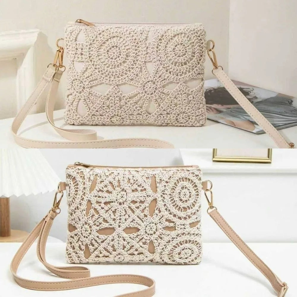 Two beige crochet handbags with straps on a white surface.