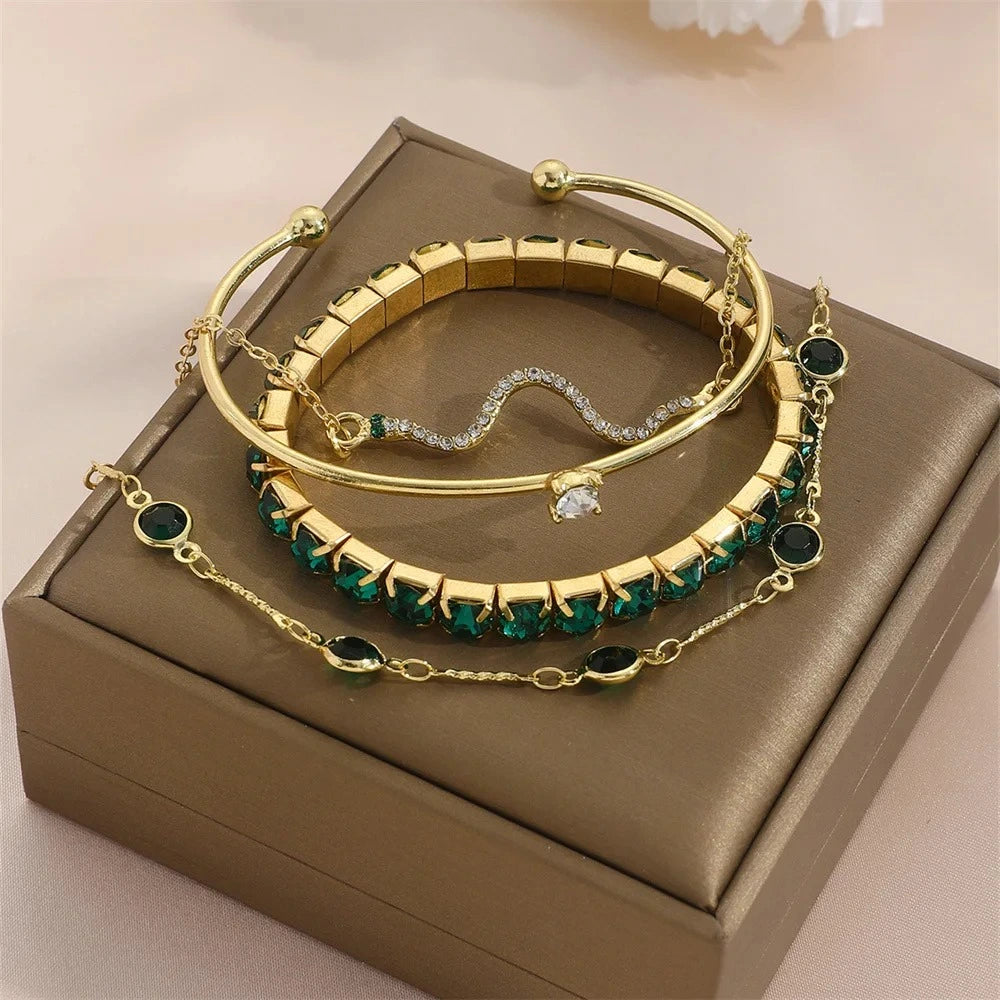 Elegant 4-Piece Green Gemstone Bracelet Set