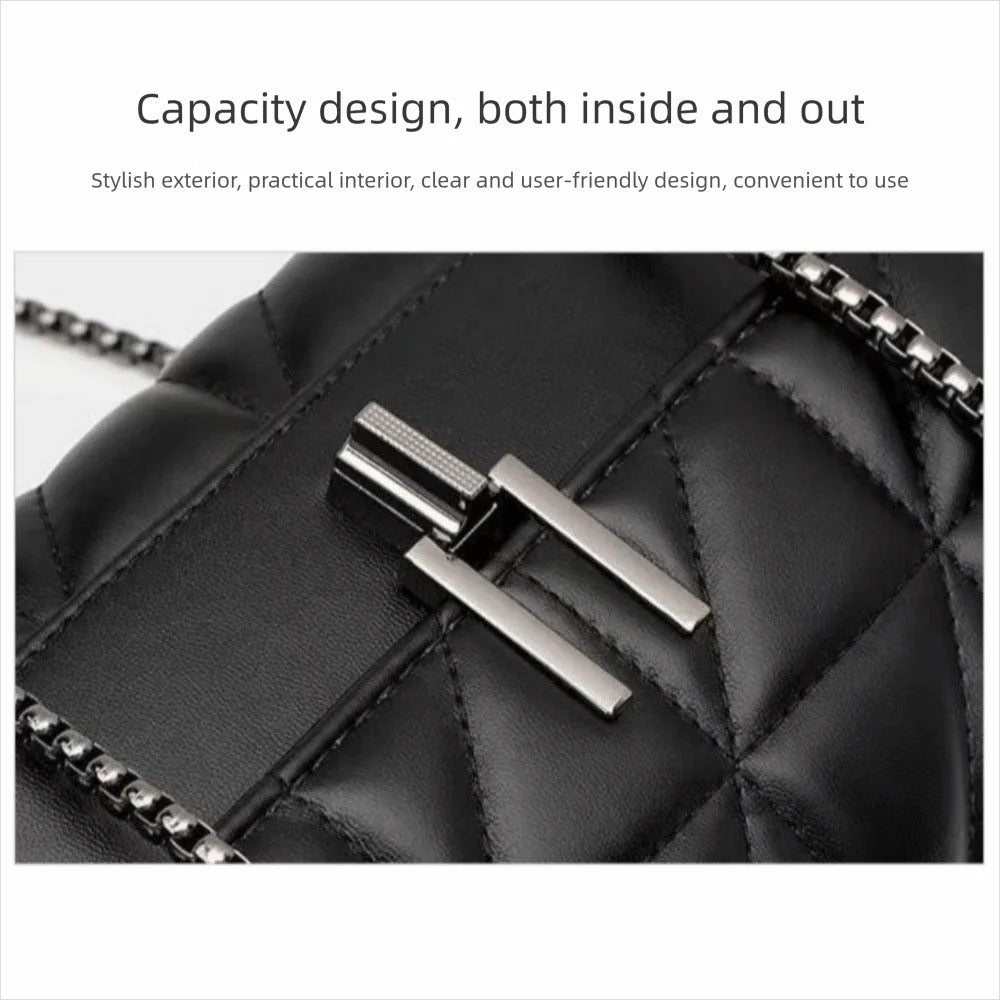 Close-up of a black quilted handbag with a silver metal clasp and chain strap, with text above describing capacity design and exterior/interior convenience.