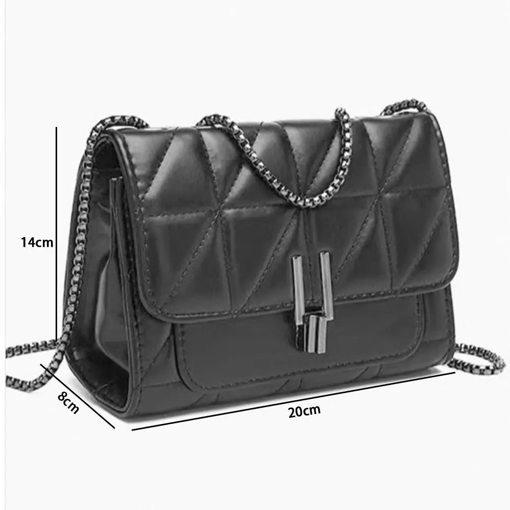 Black quilted faux-leather handbag with a silver chain strap and metal clasp, shown with dimension lines indicating 14cm height, 8cm depth, and 20cm width on a white background.