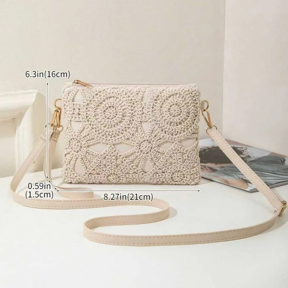 A beige crocheted crossbody bag with a long strap, shown with overlaid dimension lines and text indicating its measurements (6.3in height, 8.