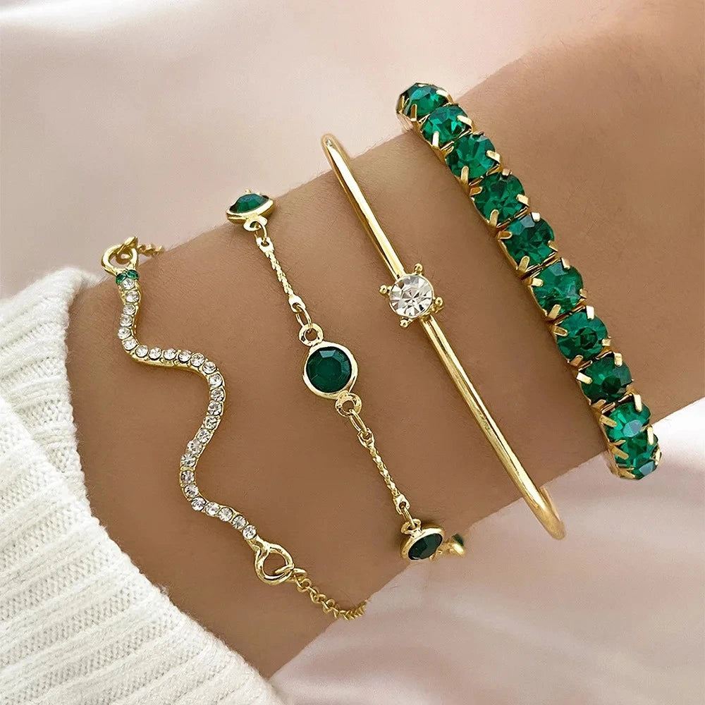 Elegant 4-Piece Green Gemstone Bracelet Set